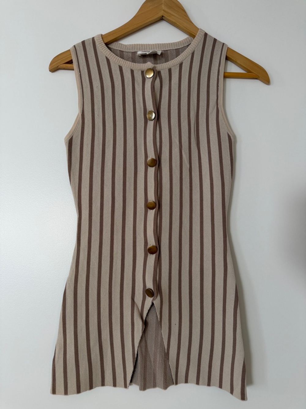 Able Sleeveless Button-Front Tank in Beige and Brown Stripes